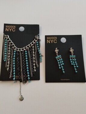Madden NYC Turquoise  Beaded Chain Necklace and Earrings Set